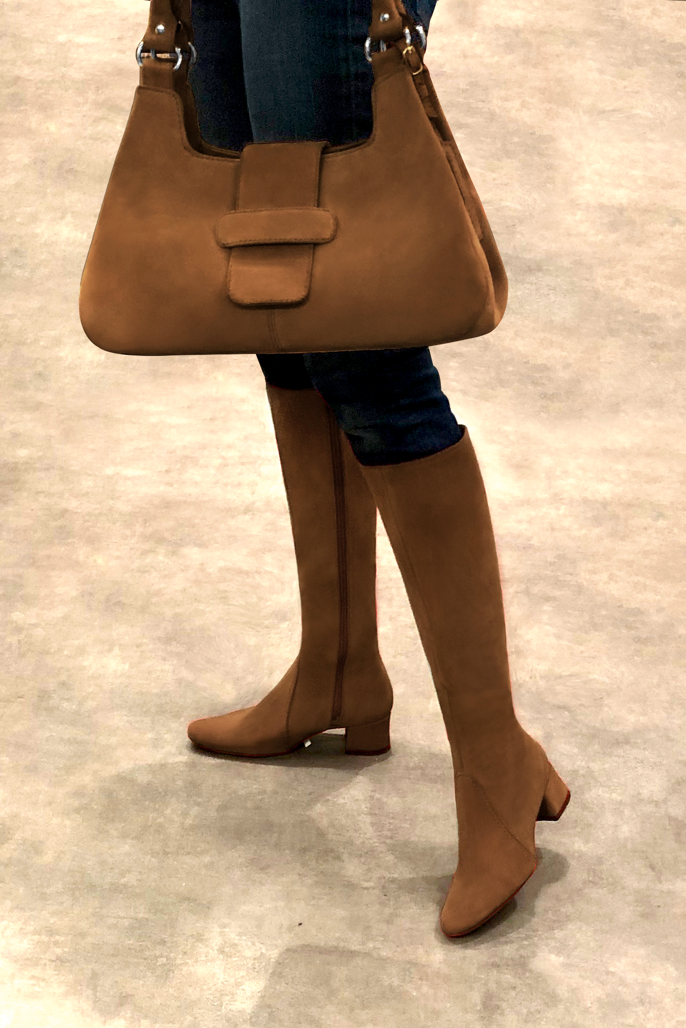 Caramel brown women's feminine knee-high boots. Round toe. Low flare heels. Made to measure. Worn view - Florence KOOIJMAN